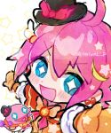  1boy black_headwear blue_eyes blush bow diamond-shaped_pupils diamond_(shape) doradorakingyo hat hat_bow looking_at_viewer male_focus mini_hat mittens multicolored_hair ocean_prince open_mouth orange_bow orange_mittens pink_hair puyopuyo puyopuyo_fever red_bow salde_canarl_shellbrick_iii sparkle streaked_hair symbol-shaped_pupils white_background 