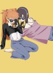  2girls absurdres arm_support barefoot blue_eyes closed_mouth collared_shirt commentary eating food hair_between_eyes hand_up highres holding holding_food long_hair long_sleeves looking_at_viewer looking_over_eyewear makinami_mari_illustrious meccha_kubiitee multiple_girls neon_genesis_evangelion orange_hair shirt simple_background smile souryuu_asuka_langley sunglasses symbol-only_commentary white_shirt yellow_background 