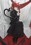  1girl absurdres animal_ears black_dress black_footwear black_nails black_ribbon braid cat_ears cat_tail daimaou_ruaeru dress hair_ribbon highres kaenbyou_rin long_sleeves looking_at_viewer multiple_tails red_eyes redhead ribbon sitting solo tail touhou twin_braids two_tails 