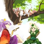  3girls animal_ears barefoot breasts brown_hair cat_ears cat_girl cat_tail closed_mouth commentary_request dress goutokuji_mike green_dress green_eyes green_hair hair_ribbon haori hat japanese_clothes jewelry kaigen_1025 key key_necklace komakusa_sannyo long_hair multicolored_hair multiple_girls necklace on_tree open_mouth pocket ponytail puffy_short_sleeves puffy_sleeves purple_dress red_eyes ribbon shijou_takane shirt short_hair short_sleeves sitting skirt small_breasts smile tail touhou unconnected_marketeers unworn_hat unworn_headwear white_hair white_shirt white_skirt 