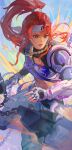  1girl armor brigitte_(overwatch) brown_eyes chain chain_necklace crop_top explosion fingerless_gloves flail gauntlets gloves headband highres holding holding_weapon jewelry le_sserafim navel necklace overwatch overwatch_2 pauldrons ponytail redhead shoulder_armor weapon westwheat 