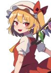  1girl :d ascot blonde_hair collared_shirt crystal fang flandre_scarlet hat hat_ribbon highres kv-san looking_at_viewer mob_cap multicolored_wings one_side_up open_mouth puffy_short_sleeves puffy_sleeves red_eyes red_skirt red_vest ribbon shirt short_hair short_sleeves side_ponytail simple_background skirt skirt_set smile solo touhou vest white_background white_headwear white_shirt wings yellow_ascot 