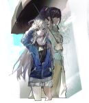  2girls asahina_mafuyu black_shirt blue_cardigan blue_eyes blue_jacket cardigan high_ponytail holding holding_umbrella jacket long_hair long_sleeves multiple_girls project_sekai pyongtaro shirt shorts sidelocks skirt umbrella very_long_hair white_hair white_shorts yellow_skirt yoisaki_kanade 