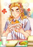  1boy :t blonde_hair blush burger closed_eyes closed_mouth cup desk drinking_straw eating food forked_eyebrows french_fries hair_ornament holding holding_food kimetsu_no_yaiba kina_izu long_hair male_focus multicolored_hair redhead rengoku_kyoujurou shirt solo two-tone_hair white_shirt 