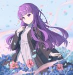  1girl absurdres artist_name black_robe blunt_bangs bright_pupils closed_mouth dated dress falling_petals fern_(sousou_no_frieren) field flower flower_field hand_up highres jojeshi long_hair long_sleeves looking_at_viewer petals purple_hair robe solo sousou_no_frieren violet_eyes white_dress 
