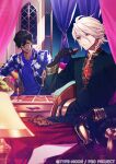  2boys :/ aqua_eyes arjuna_(fate) armchair black_eyes black_gloves black_hair black_shirt blue_jacket blue_shirt board_game card chair chest_jewel closed_mouth copyright_notice couch cropped_jacket cup curtains cushion dark-skinned_male dark_skin dress_shirt earrings fate/grand_order fate_(series) feet_out_of_frame food fruit fruit_bowl gloves gold_trim hair_behind_ear hair_between_eyes half_updo holding holding_card holding_cup indian_clothes indoors jacket jewelry karna_(fate) lamp long_sleeves looking_at_another looking_at_object male_focus middle_eastern_architecture multiple_boys night official_art open_clothes open_jacket pants parted_lips pear pelvic_curtain playing_games red_robe ring robe scowl shirt short_hair sideways_glance sitting sky star_(sky) starry_sky table v-shaped_eyebrows white_hair white_pants window youneko 
