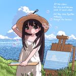  1girl arm_up art_brush blush_stickers brown_eyes brown_hair bubble camisole canvas_(object) chemise clouds cumulonimbus_cloud easel eli_(chibitoad) english_text grass hat highres holding holding_brush holding_paintbrush holding_palette horizon long_hair looking_at_viewer no_nose ocean oekaki open_mouth original outdoors paint paintbrush painting_(object) palette_(object) scenery sky soap_bubbles solo standing sun_hat tall_grass upper_body white_camisole white_chemise 