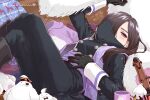  1girl black_gloves black_hair boots brown_hair chiba_sadoru commentary_request crossed_legs cup ear_piercing gloves hair_over_one_eye highres knee_boots lap_pillow long_hair long_sleeves looking_at_viewer lying mug ohsama_sentai_king-ohger on_back piercing rita_kanisuka solo stuffed_toy super_sentai violet_eyes weapon 