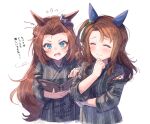  2girls ^_^ animal_ears blush bow brown_hair closed_eyes closed_mouth ear_bow flying_sweatdrops forehead green_bow holding horse_ears ittokyu japanese_clothes kawakami_princess_(umamusume) kimono king_halo_(umamusume) long_hair long_sleeves multiple_girls one_side_up open_mouth parted_bangs simple_background striped striped_kimono sweat translation_request umamusume vertical-striped_kimono vertical_stripes very_long_hair white_background 
