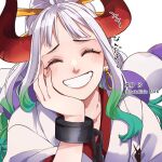  1girl artist_name blush clenched_teeth commentary_request cuffs earrings green_hair hair_ornament hair_stick hand_on_own_cheek hand_on_own_face handcuffs highres hoop_earrings horns jewelry long_hair multicolored_hair natsuki_shio one_piece oni oni_horns rope shimenawa smile solo teeth translation_request white_hair yamato_(one_piece) 