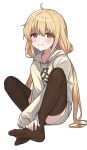  1girl black_thighhighs blonde_hair brown_eyes commentary_request dddd_akagi feet full_body futaba_anzu grey_hoodie hands_on_feet highres hood hoodie idolmaster idolmaster_cinderella_girls knees_up long_hair long_hoodie looking_at_viewer low_twintails simple_background sitting smile solo thigh-highs twintails white_background 