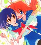  2girls :d ;d akiyama_enma antenna_hair blue_eyes blue_hair blue_sailor_collar blue_skirt blush blush_stickers brown_eyes commentary_request flip_flappers hair_between_eyes heads_together hug kokomine_cocona long_hair looking_at_another multiple_girls neckerchief one_eye_closed open_mouth outstretched_arms papika_(flip_flappers) pleated_skirt red_neckerchief redhead sailor_collar school_uniform serafuku shirt short_hair short_sleeves skirt smile sparkle white_shirt 