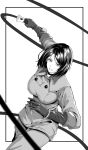  1girl absurdres black872233196 breasts choker elbow_gloves gloves greyscale highres holding holding_whip military military_uniform monochrome short_hair simple_background snk solo the_king_of_fighters uniform weapon whip whip_(kof) white_background 