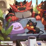  :o artist_name black_eyes blue_sky blush candy character_name claws closed_mouth clouds coffee coffee_mug coffee_table colored_sclera commentary_request couch cup day designer_ojisan ditto evolutionary_line fangs fangs_out food frown green_eyes highres incineroar litten looking_at_another mug no_humans on_couch one_eye_closed open_mouth paw_print plant pokemon pokemon_(creature) potted_plant red_eyes sky smile star_(symbol) table torracat twitter_username v-shaped_eyebrows window yellow_sclera 