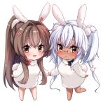  2girls absurdres animal_ears barefoot breasts brown_eyes brown_hair chibi crossed_bangs dark-skinned_female dark_skin dress flower full_body glasses grey_hair hair_flower hair_intakes hair_ornament high_ponytail highres holding_hands kantai_collection large_breasts long_hair long_sleeves looking_at_viewer mashiro_yukiya multiple_girls musashi_(kancolle) no_nose open_mouth parted_lips rabbit_ears rabbit_tail red_ribbon ribbon smile standing standing_on_one_leg tail very_long_hair white_dress yamato_(kancolle) 