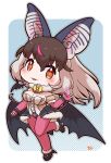  1girl animal_ears bat_ears bat_girl bat_wings blue_background brown_eyes brown_hair brown_long-eared_bat_(kemono_friends) elbow_gloves extra_ears fingerless_gloves full_body gloves grey_hair highres kemono_friends kemono_friends_v_project leotard long_hair looking_at_viewer microphone mugise_hitsuji pantyhose shoes simple_background skirt solo virtual_youtuber wings 