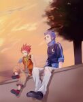  2boys aged_down bandana bandana_around_neck black_footwear blue_hair blue_jacket brown_pants child clouds cloudy_sky commentary_request crescent food green_eyes grin hands_on_ground high_collar holding holding_food holding_popsicle isa_(kingdom_hearts) jacket kingdom_hearts kingdom_hearts_birth_by_sleep knee_up lea_(kingdom_hearts) looking_at_another looking_up male_focus minatoya_mozuku multiple_boys open_clothes open_vest orange_sky orange_vest outdoors pants popsicle red_footwear redhead shirt shoes short_hair sitting sky smile tree twilight vest white_pants white_shirt yellow_bandana 