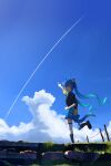 1girl :d @_@ absurdres ahoge animal_ears aqua_hair arm_up asymmetrical_legwear black_footwear blue_eyes blue_hair blue_skirt blue_sky blue_thighhighs boots bow casual clouds commentary_request contrail crossed_bangs day from_behind gradient_hair grass hair_bow heterochromia highres hood hoodie horse_ears horse_girl horse_tail kotori_aoi leg_up long_hair looking_at_viewer looking_back mismatched_legwear multicolored_clothes multicolored_hair multicolored_hoodie official_alternate_costume open_mouth outdoors pleated_skirt pointing pointing_up sidelocks skirt sky sleeves_past_elbows smile solo standing standing_on_one_leg tail tail_through_clothes thigh-highs twin_turbo_(umamusume) twintails umamusume very_long_hair violet_eyes white_thighhighs wide_shot 