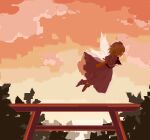  1girl ascot blonde_makai_resident_(touhou) closed_eyes clouds collared_shirt commentary_request flying highres kaigen_1025 maid_headdress morning orange_sky outdoors red_ascot shirt short_hair skirt sky socks solo touhou touhou_(pc-98) white_shirt white_skirt white_socks 