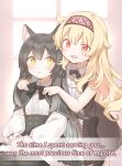 2girls :d adjusting_another&#039;s_clothes animal_ear_fluff animal_ears bare_arms black_bow black_bowtie black_hair black_tail blonde_hair blush bow bowtie cat_ears cat_girl cat_tail collared_dress commentary company_name copyright_notice dress english_commentary english_text frills hairband highres hug hug_from_behind indoors little_witch_nobeta long_hair long_sleeves looking_at_another multiple_girls nobeta official_art open_mouth phyllis_(human)_(little_witch_nobeta) phyllis_(little_witch_nobeta) red_eyes red_hairband sleeveless smile tail very_long_hair yellow_eyes