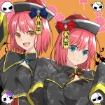  2girls alternate_costume blue_eyes blush brown_eyes chinese_clothes closed_mouth commentary_request hair_between_eyes halloween halloween_costume hat hirakawa hisui_(tsukihime) jiangshi kohaku_(tsukihime) looking_at_viewer multiple_girls ofuda open_mouth qingdai_guanmao short_hair siblings sisters sleeves_past_fingers sleeves_past_wrists smile teeth tsukihime twins upper_teeth_only 
