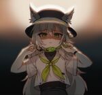  1girl absurdres animal_ears artist_request blush braid covered_collarbone crime_prevention_buzzer dress dushevnaya_(neural_cloud) girls&#039;_frontline_neural_cloud girls_frontline green_eyes grey_hair highres ksvk_(girls&#039;_frontline) long_hair neckerchief open_mouth sailor_collar shaded_face short_sleeves shukusei!!_loli-gami_requiem solo very_long_hair 