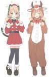 2girls :o animal_ear_headphones animal_ears bell belt black_belt black_footwear black_thighhighs blue_archive blush bow brown_footwear buttons capelet cat_ear_headphones cat_tail closed_eyes commentary deer_costume deer_ears deer_hood dot_nose embarrassed fake_animal_ears flying_sweatdrops footwear_bow full_body fur-trimmed_capelet fur_trim green_bow green_eyes halo hands_up happy hat headphones highres holding holding_bell holding_sack kamotsu_yasai light_brown_hair long_sleeves looking_at_viewer midori_(blue_archive) momoi_(blue_archive) multiple_girls musical_note open_mouth red_bow red_capelet red_headwear sack santa_costume santa_hat short_hair siblings sidelocks sisters smile standing tail teeth thigh-highs thighs upper_teeth_only white_background white_bow 