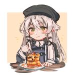  1girl absurdres altina_orion beret black_headwear blue_coat border closed_mouth coat eiyuu_densetsu food fork green_eyes hat highres holding holding_fork leorlontyan long_hair long_sleeves looking_down pancake pancake_stack plate sen_no_kiseki sen_no_kiseki_iii simple_background sketch smile solo thors_military_academy_branch_campus_uniform white_border white_hair 