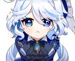  1girl :&lt; ahoge aqua_hair ascot black_ascot blue_eyes commentary_request crying crying_with_eyes_open drop-shaped_pupils furina_(genshin_impact) genshin_impact hair_between_eyes heterochromia highres kodona lolita_fashion long_hair long_sleeves looking_at_viewer low_twintails mismatched_pupils miyako_draw multicolored_hair sidelocks simple_background solo streaked_hair tearing_up tears twintails two-tone_hair wavy_hair white_background 