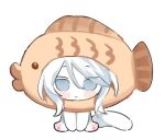  1girl animal_hands blue_eyes cat_tail chibi closed_mouth faust_(project_moon) food limbus_company looking_at_viewer nishiirei9522 project_moon short_hair simple_background sitting solo tail taiyaki wagashi white_background white_hair 