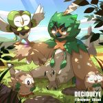  ^_^ arms_up artist_name black_eyes blue_sky blush branch bright_pupils character_name closed_eyes clouds commentary_request dappled_sunlight dartrix day decidueye designer_ojisan evolutionary_line grass highres leaf light_rays looking_at_another mountainous_horizon no_humans on_grass outdoors pokemon pokemon_(creature) rock rowlet shadow sitting sky sleeping sleeping_upright sunbeam sunlight talons twitter_username u_u white_pupils yellow_eyes 