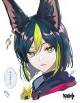  absurdres animal_ear_fluff animal_ears black_hair copyright_name earrings flower fox_boy fox_ears genshin_impact green_eyes green_hair hair_between_eyes highres jewelry koujisako looking_at_viewer multicolored_hair parted_lips portrait simple_background single_earring solo streaked_hair tighnari_(genshin_impact) translation_request twitter_username white_background yellow_flower 