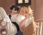  2boys 2girls absurdres barghest_(fate) black_hair blonde_hair blue_eyes blush breasts carrying chibi fate/grand_order fate_(series) father_and_daughter father_and_son fujimaru_ritsuka_(male) green_eyes heterochromia highres hip_bones horns if_they_mated large_breasts long_hair mother_and_daughter mother_and_son multiple_boys multiple_girls obazzotto open_mouth princess_carry red_eyes violet_eyes 