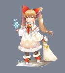  1girl black_pantyhose boots brown_eyes brown_hair christmas dress ear_covers full_body fur-trimmed_dress fur_trim gloves holding holding_sack long_hair looking_at_viewer lymle_lemuri_phi mittens open_mouth pantyhose red_footwear red_gloves sack snowflakes solo star_ocean star_ocean_the_last_hope trutsmn twintails 