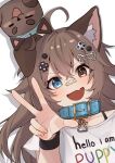  1girl :d animal_collar animal_ears bandaid bandaid_on_face bandaid_on_nose blue_eyes brown_eyes brown_hair clothes_writing collar dog_ears dog_tail fang heterochromia highres idol_corp long_hair looking_at_viewer mittsu pochi_wanmaru second-party_source shirt short_sleeves skin_fang smile tail virtual_youtuber w white_shirt wristband 