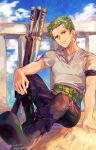  1boy artist_name black_pants blue_sky boots closed_mouth clouds commentary_request girikashi43 green_footwear green_hair highres male_focus multiple_swords one_piece pants roronoa_zoro shirt short_hair sitting sky solo sword twitter_username weapon white_shirt 