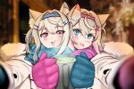 2girls alternate_costume animal_ears blonde_hair blue_eyes blue_gloves cheek-to-cheek cup dog_ears dog_girl fuwawa_abyssgard gloves heads_together highres holding holding_cup hololive hololive_english mococo_abyssgard multiple_girls pov purple_gloves siblings sisters syaqastic twins violet_eyes virtual_youtuber 