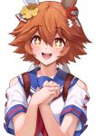  +_+ 1girl absurdres animal_ears backpack bag bare_shoulders clothing_cutout clover_hair_ornament commentary daruma_doll hair_ornament hands_up highres horse_ears horse_girl interlocked_fingers matikanefukukitaru_(umamusume) neckerchief open_mouth orange_hair own_hands_together red_neckerchief round_teeth sailor_collar shiro3necro shirt short_hair short_sleeves shoulder_cutout simple_background smile solo symbol-only_commentary teeth umamusume upper_body upper_teeth_only white_background white_shirt yellow_eyes 