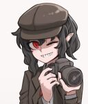  1girl black_hair brown_headwear brown_jacket cabbie_hat camera collared_shirt english_commentary flat_cap grin hat holding holding_camera jacket mata_(matasoup) necktie one_eye_closed open_clothes open_jacket pointy_ears red_eyes red_necktie shameimaru_aya shameimaru_aya_(newsboy) shirt short_hair short_ponytail smile solo touhou wavy_hair white_background white_shirt 