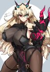  1girl barghest_(fate) barghest_(second_ascension)_(fate) black_dress blonde_hair breasts chain closed_mouth dress expressionless fate/grand_order fate_(series) gauntlets green_eyes heterochromia highres horns large_breasts long_hair moyashi_(tenor366) red_eyes simple_background 