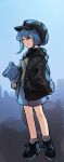  1girl black_headwear blue_eyes blue_hair blue_shorts character_request closed_eyes closed_mouth commentary_request copyright_request full_body grey_shirt grey_socks hand_in_pocket hat highres holding holding_stuffed_toy hood hood_down hooded_jacket jacket kaigen_1025 long_sleeves no_nose open_clothes open_jacket shirt short_hair shorts smile socks solo stuffed_animal stuffed_toy teddy_bear 