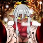  1girl breasts dark-skinned_female dark_elf dark_skin elf fantasy gloves grey_hair highres jacket meme mole mole_on_breast pointy_ears pov pov_cheek_warming_(meme) scarf snow yellow_eyes 