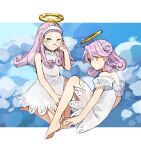  2girls ahoge barefoot character_request closed_mouth copyright_request curly_hair dress flat_chest glasses hairband halo invisible_chair kaigen_1025 long_hair medium_hair multiple_girls pink_hair round_eyewear sitting sleeveless sleeveless_dress white_dress white_hairband wings yellow_eyes 