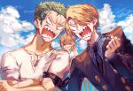  1girl 2boys angry artist_name black_necktie black_suit blonde_hair blue_sky closed_eyes clouds collarbone commentary_request crossed_arms curly_eyebrows girikashi43 green_hair highres male_focus multiple_boys nami_(one_piece) necktie no_pupils one_piece open_mouth roronoa_zoro sanji_(one_piece) sharp_teeth shirt short_hair sky smile suit teeth twitter_username white_shirt 
