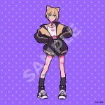  1girl animal_ears bandaid bandaid_on_leg black_coat black_footwear black_socks blonde_hair cat_ears coat full_body green_eyes hair_ornament hairclip hands_on_own_hips kurumi_noah looking_at_viewer midriff miyoshi_yoshimi print_tank_top purple_background sample_watermark shoes short_hair smile socks solo standing tank_top vspo! watermark white_tank_top 