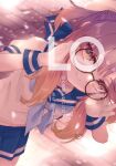  1girl alakoala bespectacled blue_neckerchief blue_sailor_collar blue_skirt commentary_request glasses gloves gradient_hair hat highres kantai_collection multicolored_hair neckerchief orange_hair pleated_skirt puffy_short_sleeves puffy_sleeves purple_hair round_eyewear sailor_collar sailor_hat school_uniform serafuku short_hair short_sleeves sidelocks sideways sitting skirt smile solo translation_request tsushima_(kancolle) violet_eyes white_gloves white_headwear 