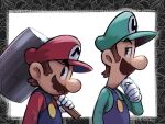  2boys blue_overalls border brothers brown_hair facial_hair from_side gloves green_headwear green_shirt hammer hat highres holding holding_hammer luigi mari_luijiroh mario mario_&amp;_luigi_rpg masanori_sato_(style) multiple_boys mustache overalls red_headwear red_shirt shirt short_hair siblings simple_background super_mario_bros. upper_body white_background white_gloves 