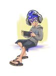  1boy aqua_eyes black_shorts blue_hair commission english_commentary eyebrow_cut full_body grey_hoodie headphones highres hood hoodie mohawk nintendo_switch octoling octoling_boy sandals seatha short_hair shorts simple_background solo splatoon_(series) tongue tongue_out white_background yellow_background 