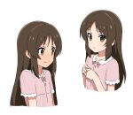  1girl azmira1534815 blush bow brown_eyes brown_hair dress idolmaster long_hair looking_at_viewer looking_to_the_side multiple_views pink_bow pink_dress short_sleeves simple_background tachibana_arisu upper_body very_long_hair white_background 