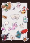  animal_focus arrow_(projectile) black_border border chingling commentary corn decidueye dedenne drifloon eating frillish frillish_(female) highres magnemite maushold_(family_of_three) mew_(pokemon) munchlax no_humans one-eyed pokemon pokemon_(creature) red_scarf scarf seaking simple_background smile solid_circle_eyes swirlix symbol-only_commentary tail tongue tongue_out umbreon unown unown_f vanillish voltorb white_background wings zozozoshion 